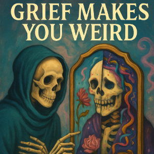 A whimsical yet somber surrealist painting features a skeleton seated before a cracked mirror.